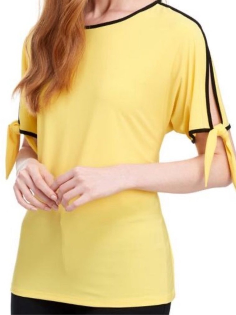 New! Coco Bianco Bright Yellow Short Sleeve Top Black Trim Sleeve Ties Large